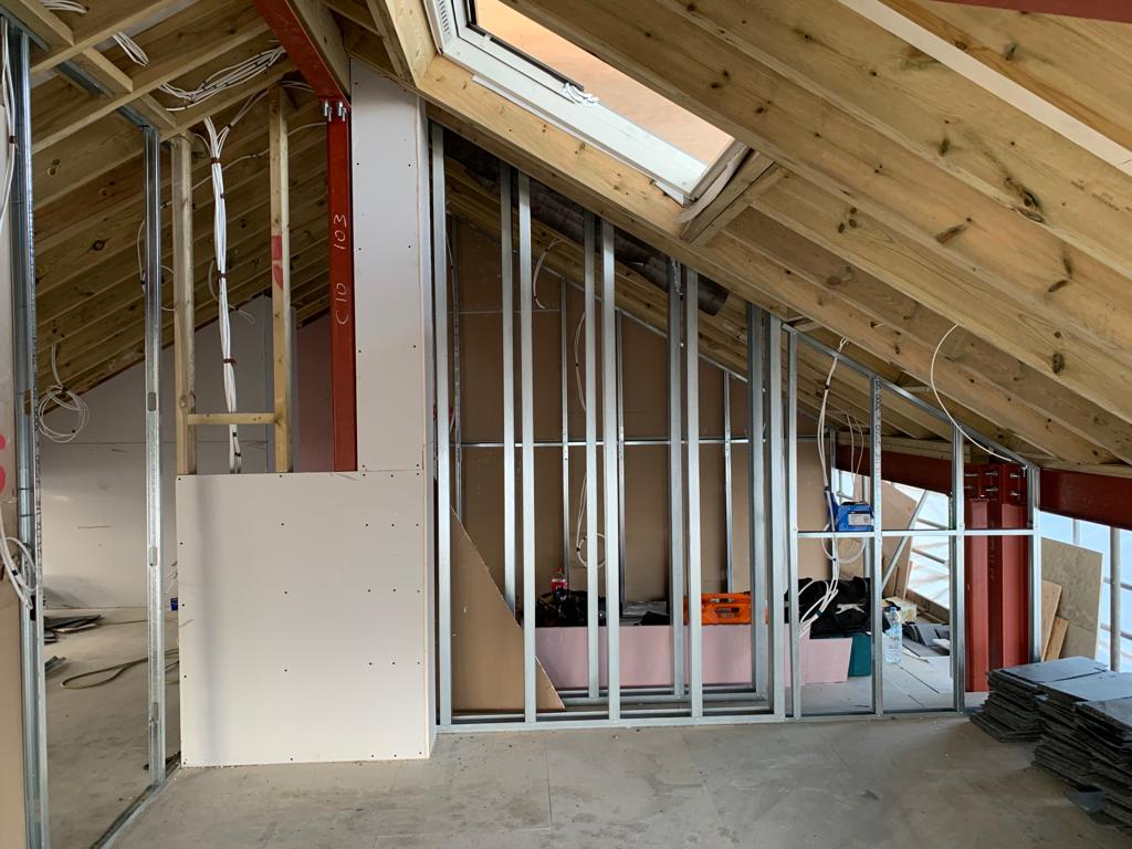 Upper floor first fix partitions roof light